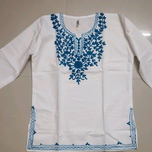 White And Blue Embroidered Short Kurti