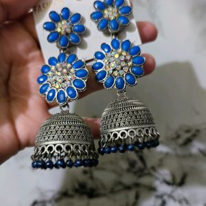 Women Fashion Earrings Blue Stones Oxidised Silver