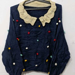 Navy Blue Sweater With Pompoms