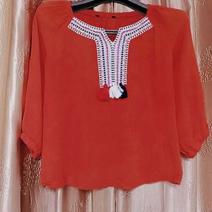 Women Rayon Top With Thread Embroidery Neck