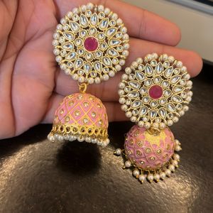 stylish Pink Kundan Pearl Jhumka For Women