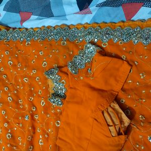 Embroid Party Wear Orange Saree