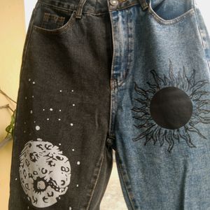 Y2k Patchwork Sun Moon Print Jeans