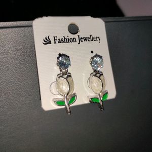 White Rose Earrings With Stone