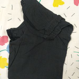 Black Cotton Blouse Size 36 Short Sleeves Puffed