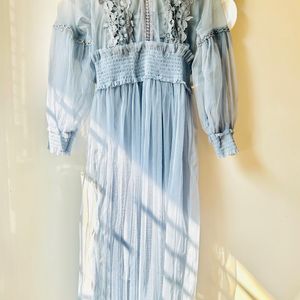 Blueish Embroidered Net Midi Dress