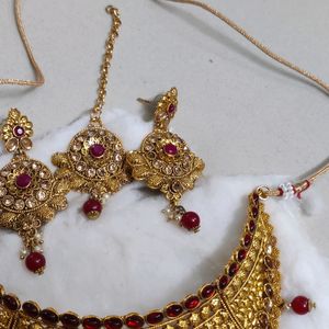 Heavy Golden And Red Kundan With Pearl Set