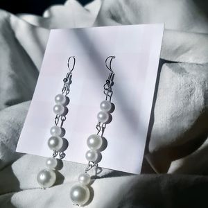 Handmade Long Faux Pearl Earrings (Silver)