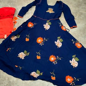 Navy Blue Anarkali With Orange Leggins And Dupatta