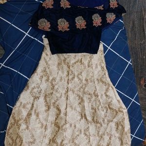 Golden Skirt With Blue Net And Velvet Cloth Top