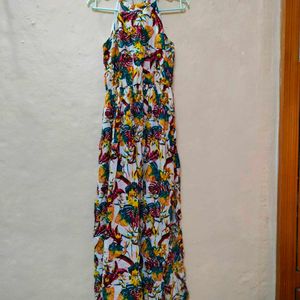 Floral Print Halter Neck Side Cut Long Dress