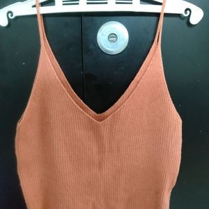 Ribbed Brown V Neck Top