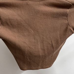 New Brown V Neck Ribbed Top