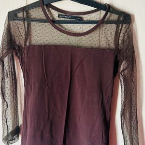 Brown Top With Mesh Sleeves