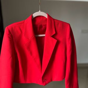 Mandarin Collar Long Sleeve Red Crop Blazer