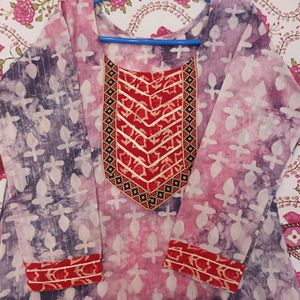 Purple And Pink Tie N Dye CHANDERI Batik Kurti Size 40 With Pocket