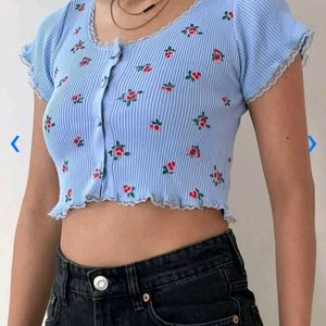 Urbanic Crop  Top , Ribbed Pattern , Blue Colour,