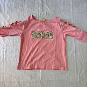 Pink Crossed Sleeve Sequenced Top