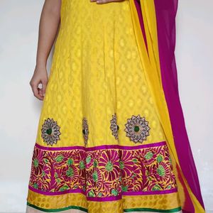 Women Yellow and pink anarkali dress  dupatta