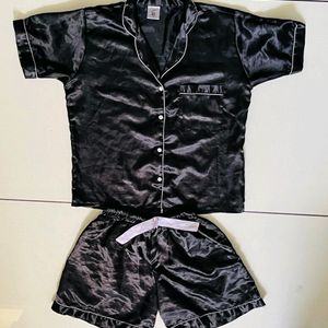 Women's Satin Solid Night Suits with Shorts Set