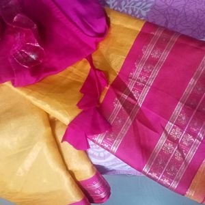 Mango Yellow And Pink Border Saree With Blouse