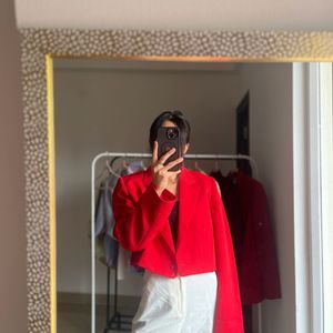 Mandarin Collar Long Sleeve Red Crop Blazer