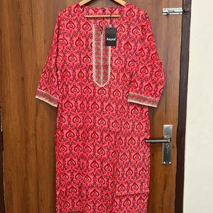 Red Floral Cotton Kurta For Women