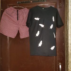 Men T Shirt  Black + Cotton Check Nikkers Shorts