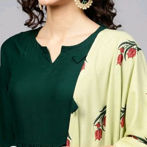 Libas Hunter Green Flowy Kurta Set With Floral Mot