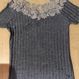 Lace And Pearl Detailing Boat Neck Top