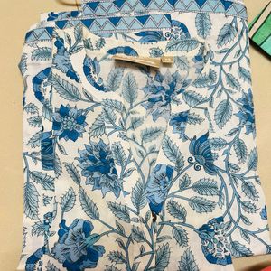 Utsa White Blue Flower Printed Full Sleeves