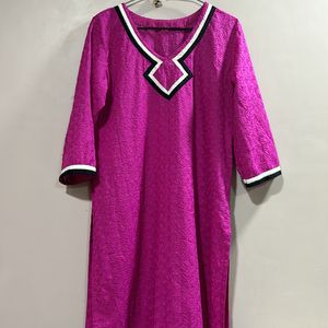 Magenta Chickenkari Cotton Kurta