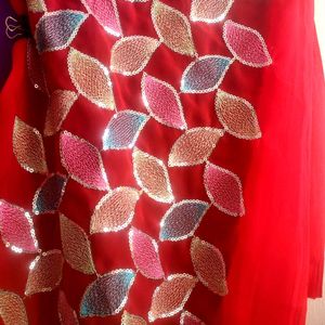 A Beautiful Red Colour Plain Saree With Designer B