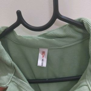 Light Green Ribbed Cropped Collar Top