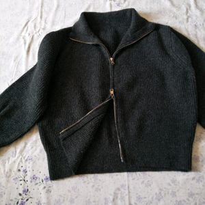 Knitted Grey Double Zipper Cardigan