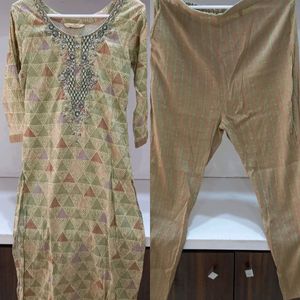 Cotton Silk Kurti Pant Set English Green Colour