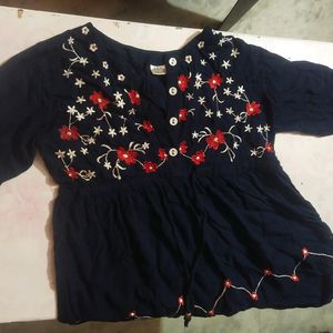 Casual Bell Sleeves Embroidered Navy Blue Top