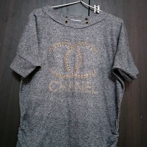 Dark Grey Stoned Design Chanel Top