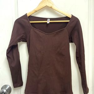Heart Neck Extended Sleeves Ribbed Tops