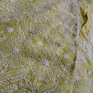 Lime Cotton With Chikankari Work Kurta