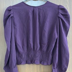 Purple Balloon Sleeves Casual Crop Top