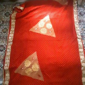 Red Block Buti Saree With Net And Siquence Border