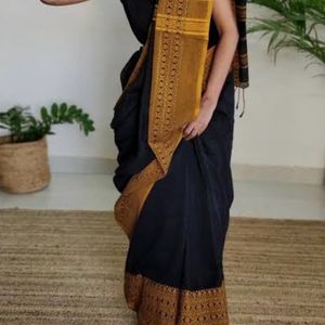 Black Mustard Saree With Woven Border And Blouse