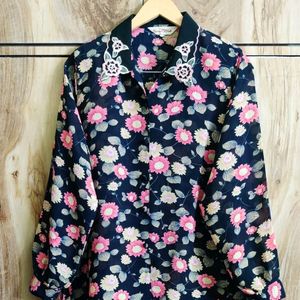 Pink Flower Black Shirt Size-42