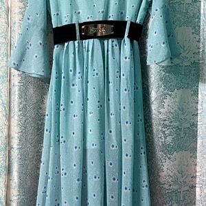 “Elegant Sky Blue Midi Dress with Black Belt”