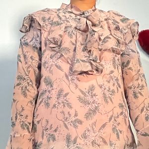 Pink Top With Neck Tie Floral Prints