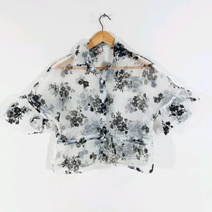 White Printed Transparent Casual Top (Women)