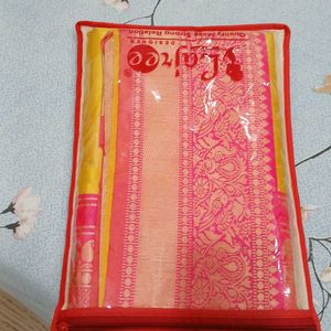 Yellow  And Pink Festive Saree With Blouse Piece