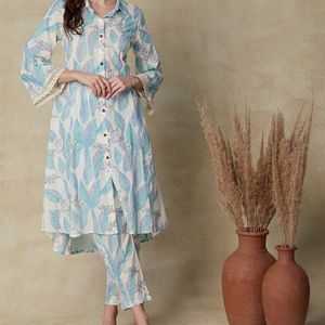 Off White Floral Printed Pure Cotton Kurta Set