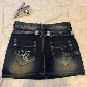 Blue A-line diamond detailed mini skirt